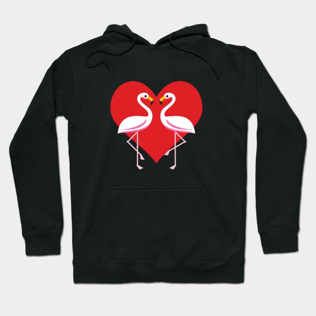 Cute White Pink Flamingos with Red Heart - Black Hoodie by BirdAtWork